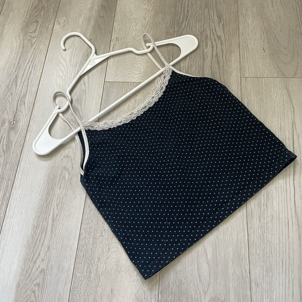 Brandy Melville Tank Top cotton polka dot lace crop womens Navy Blue one size - Picture 2 of 3